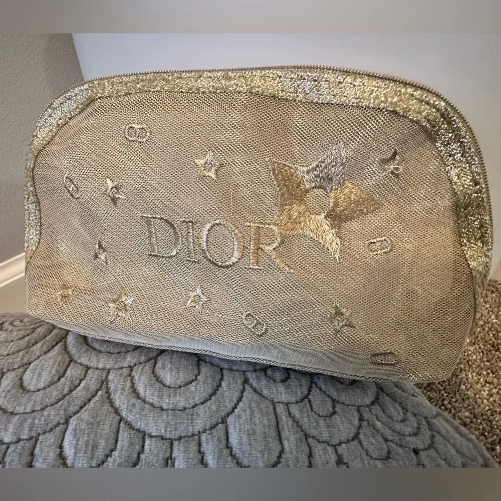 NEW⭐️DIOR Beauty Gold Mesh Embroidered Cosmetic Pouch - Picture 2 of 8